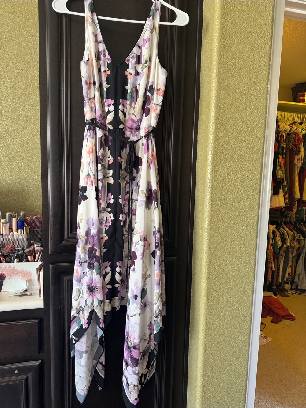 White House Black Market Floral High-Low Maxi Dress in Black, White and Purple